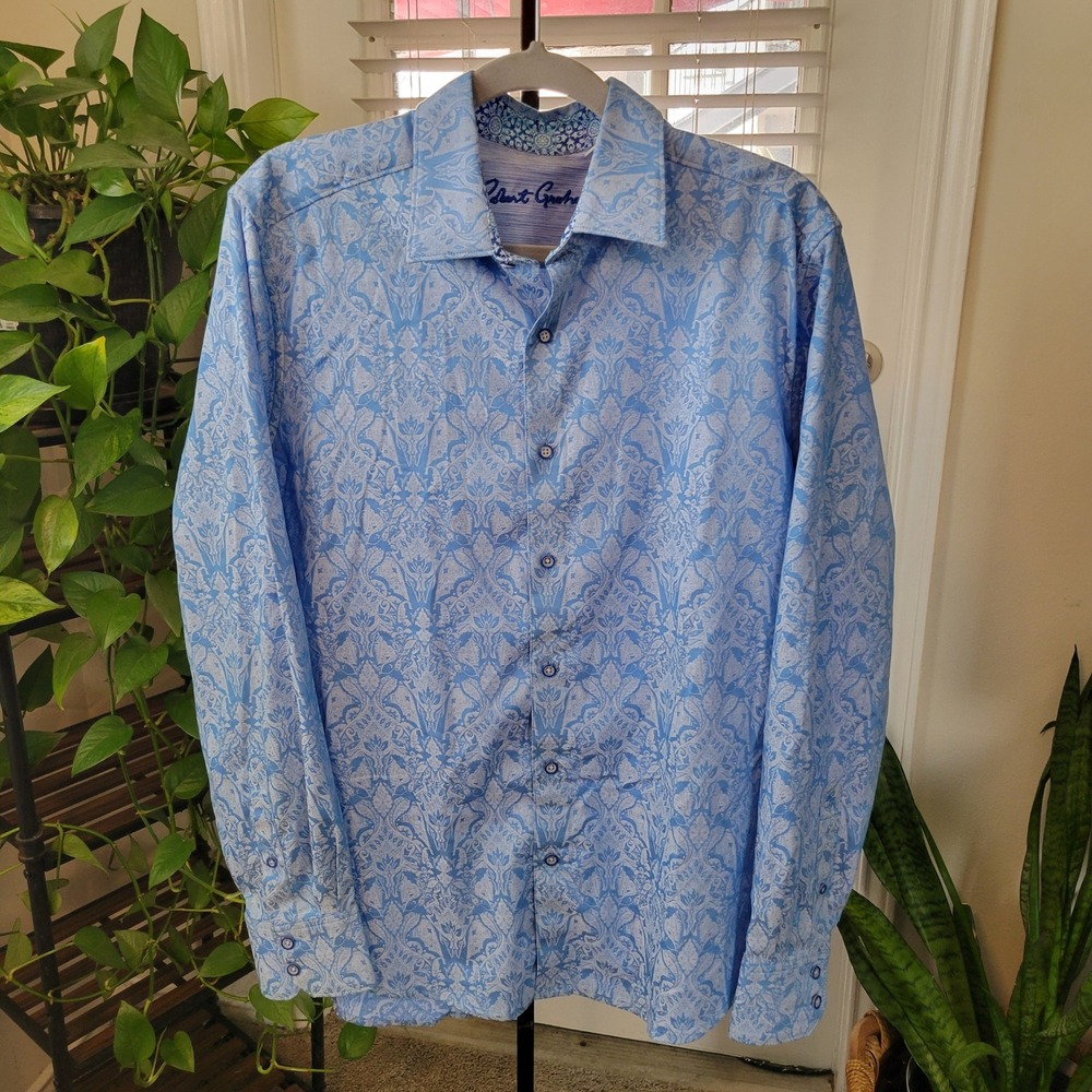 Robert Graham Mens Blue White Damask Paisley Long Sleeve Button Down Shirt L